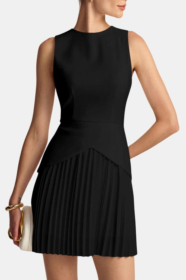 Robe Mini Femme Sans Manches – Jupe Plissée et Taille Structurée