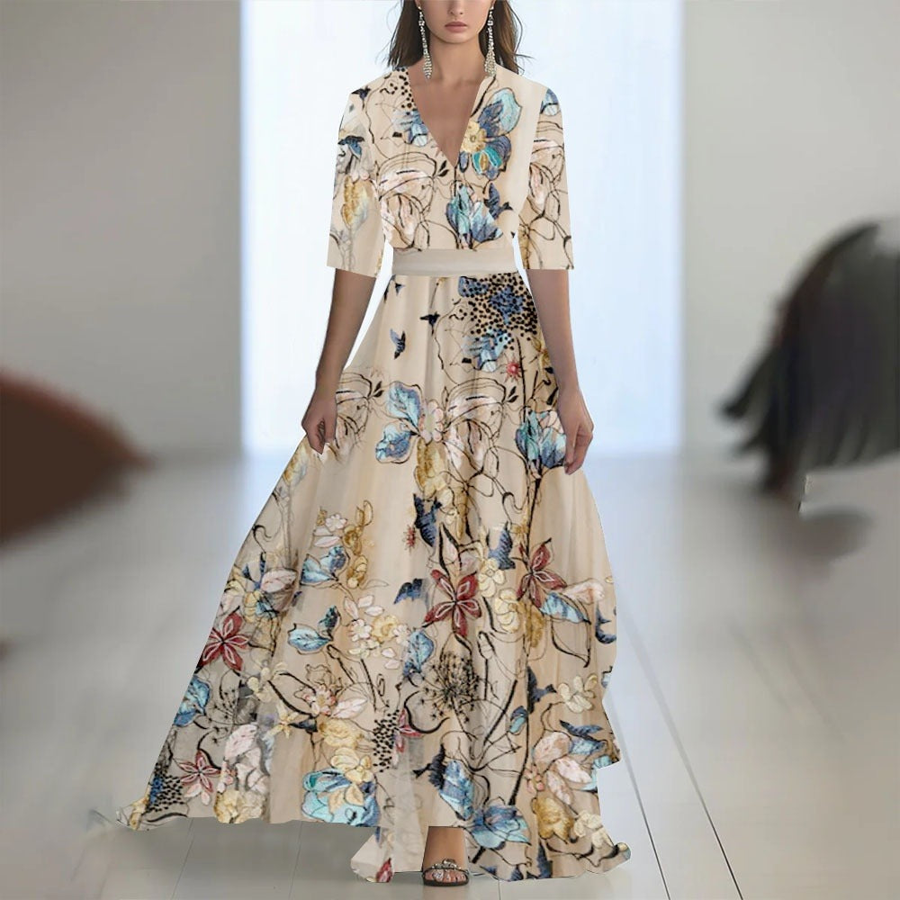Damen Maxikleid mit Blumenmuster – V-Ausschnitt, taillierter Schnitt