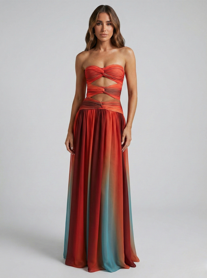 Damen Maxikleid Trägerlos – Durchbrochene Details und Ausgestellter Schnitt