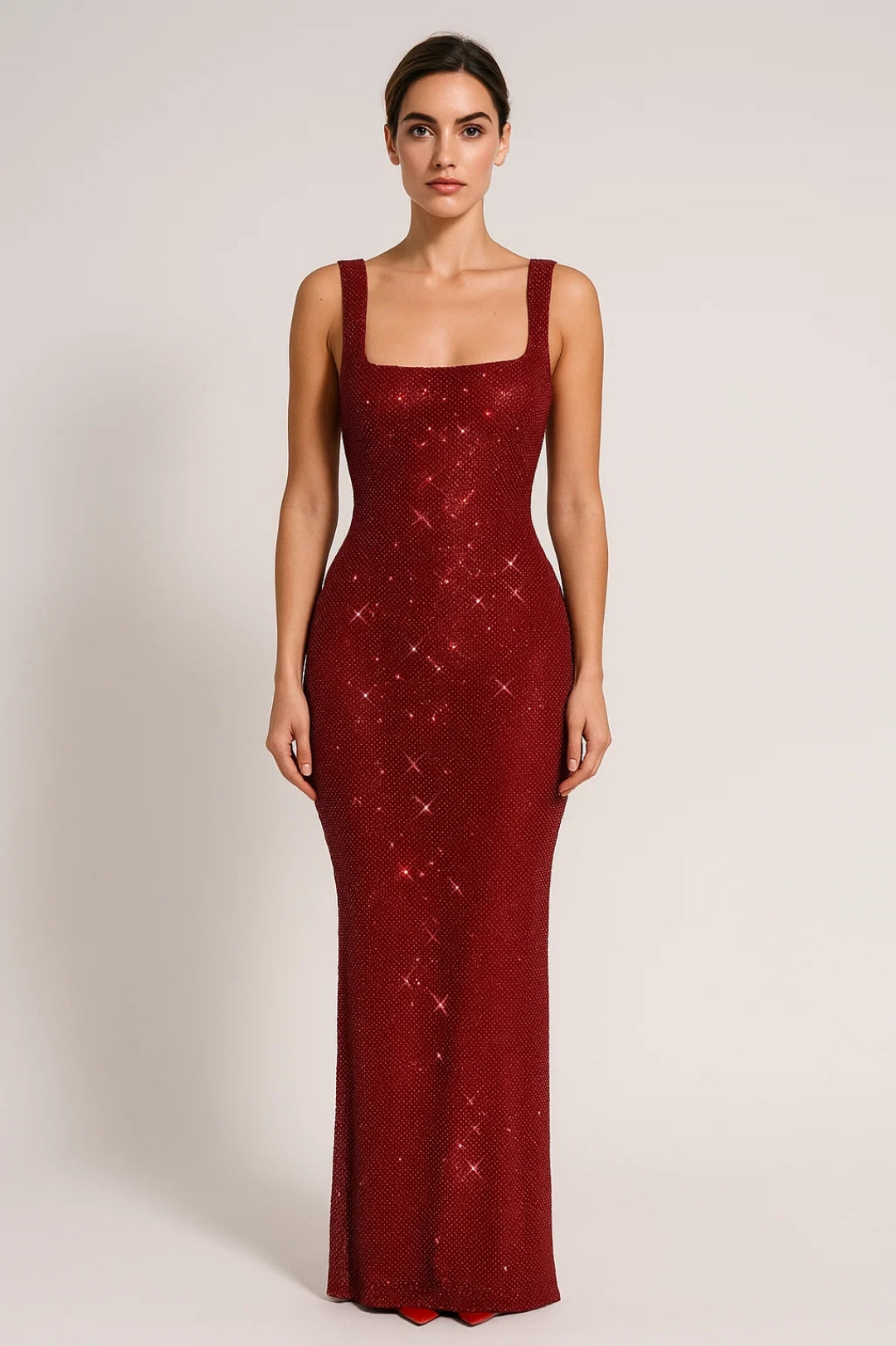 Abito lungo donna con paillettes – schiena scoperta e scollo quadrato