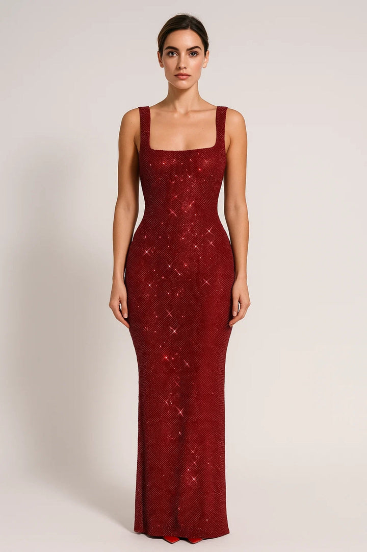 Abito lungo donna con paillettes – schiena scoperta e scollo quadrato