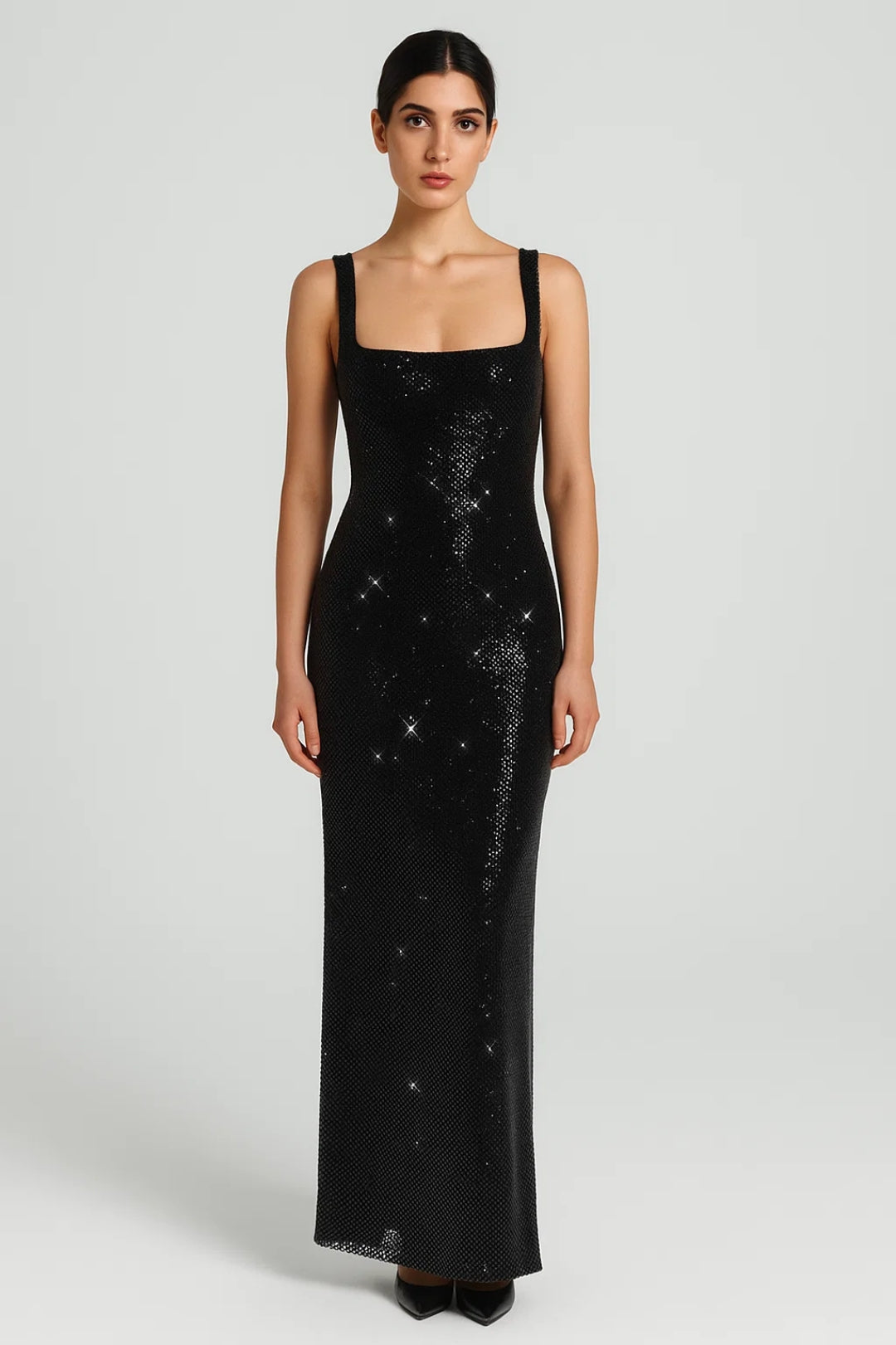 Abito lungo donna con paillettes – schiena scoperta e scollo quadrato