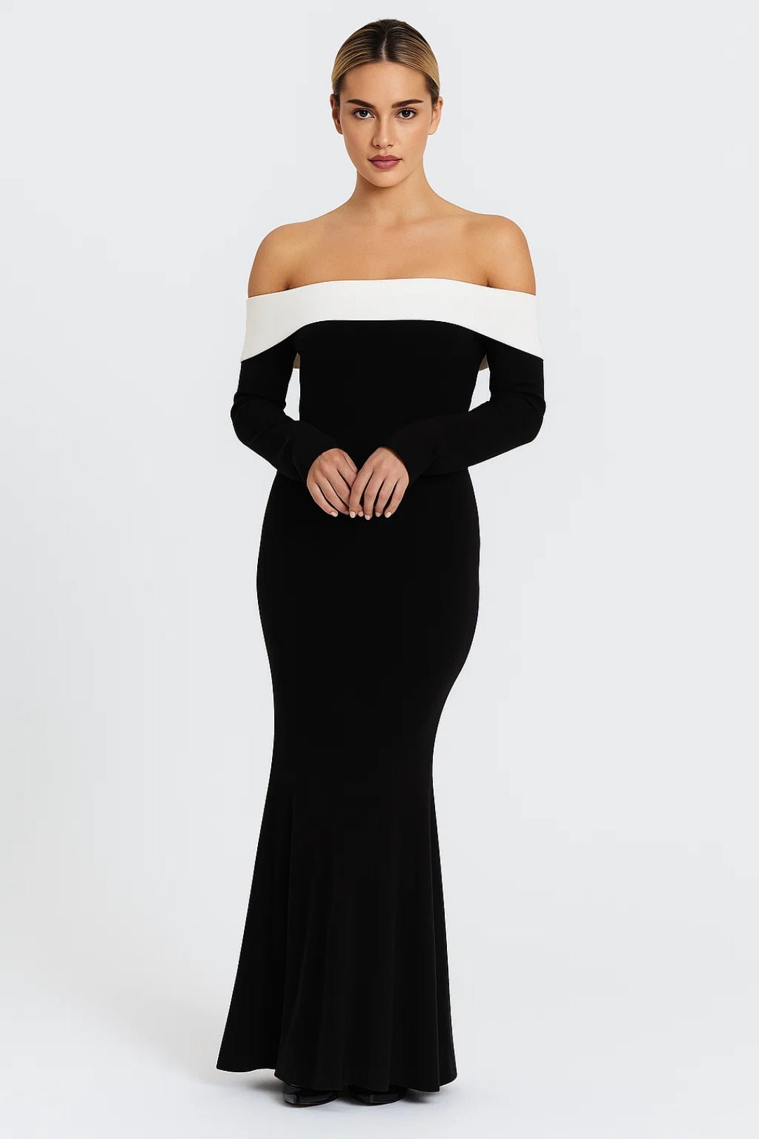 Women's Long Dress with Off-Shoulder – Long Sleeves, Fitted Cut