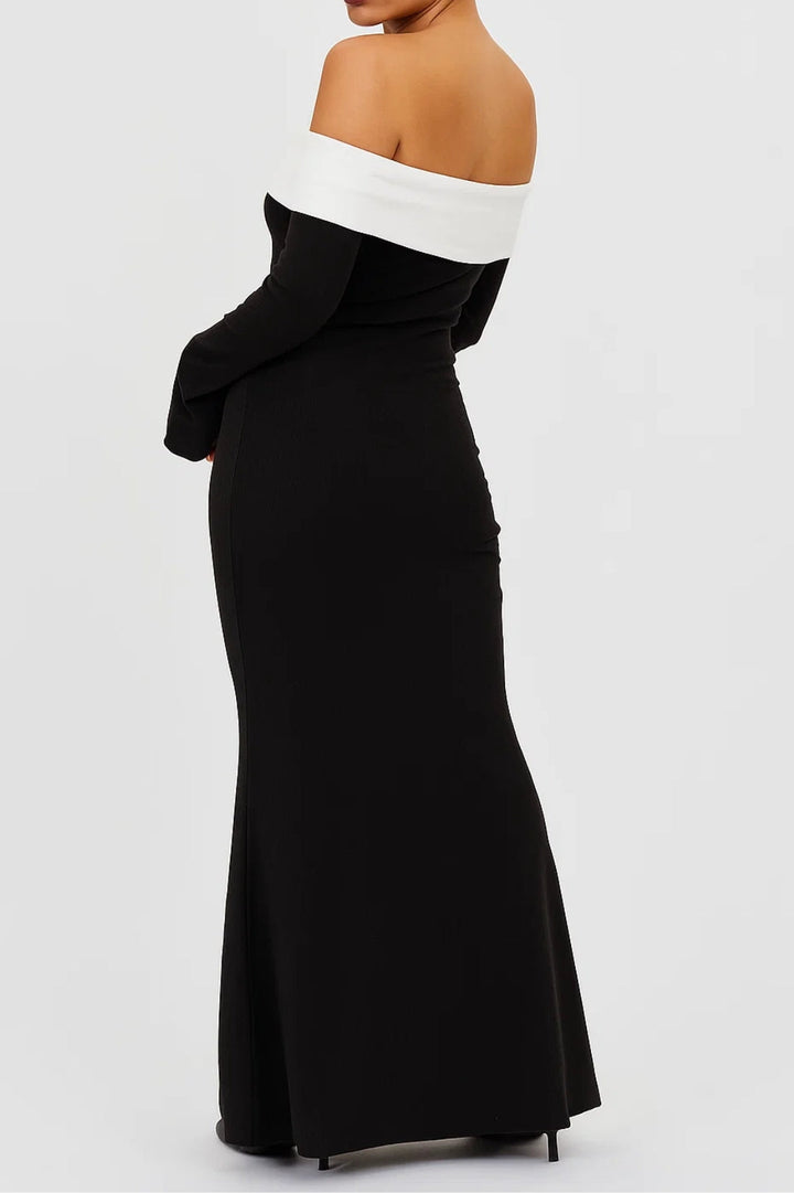 Women's Long Dress with Off-Shoulder – Long Sleeves, Fitted Cut