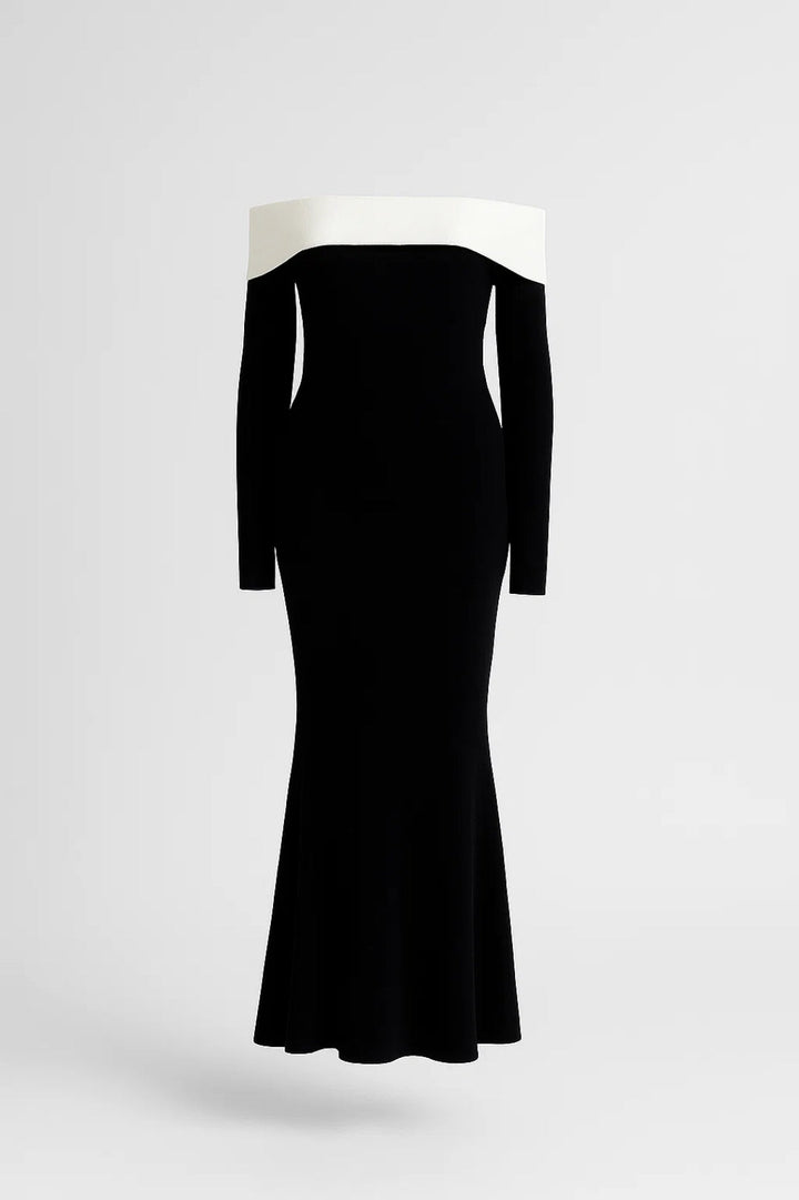 Women's Long Dress with Off-Shoulder – Long Sleeves, Fitted Cut