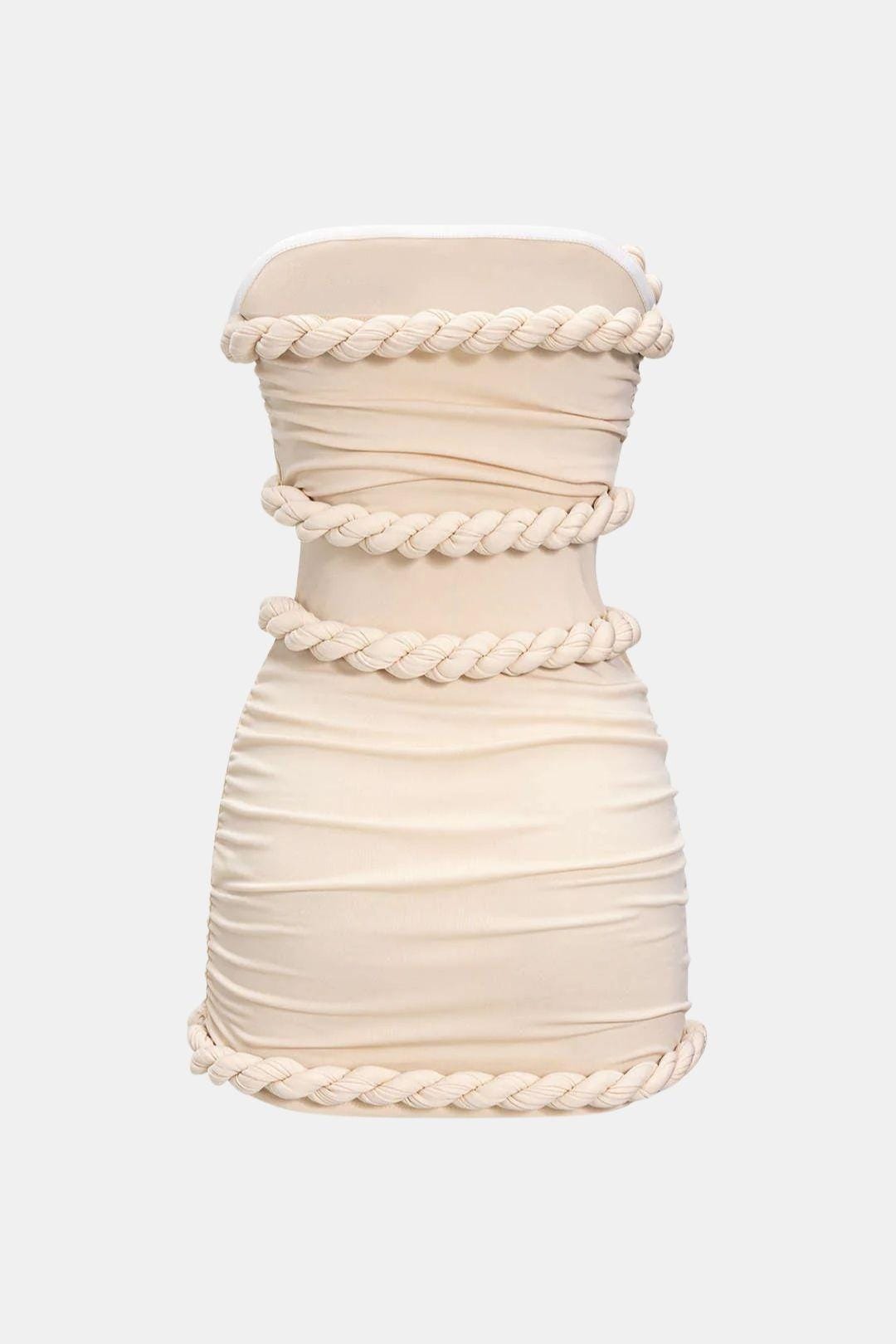 Robe Mini Femme Sans Bretelles – Découpe Taille et Ornements Tressés