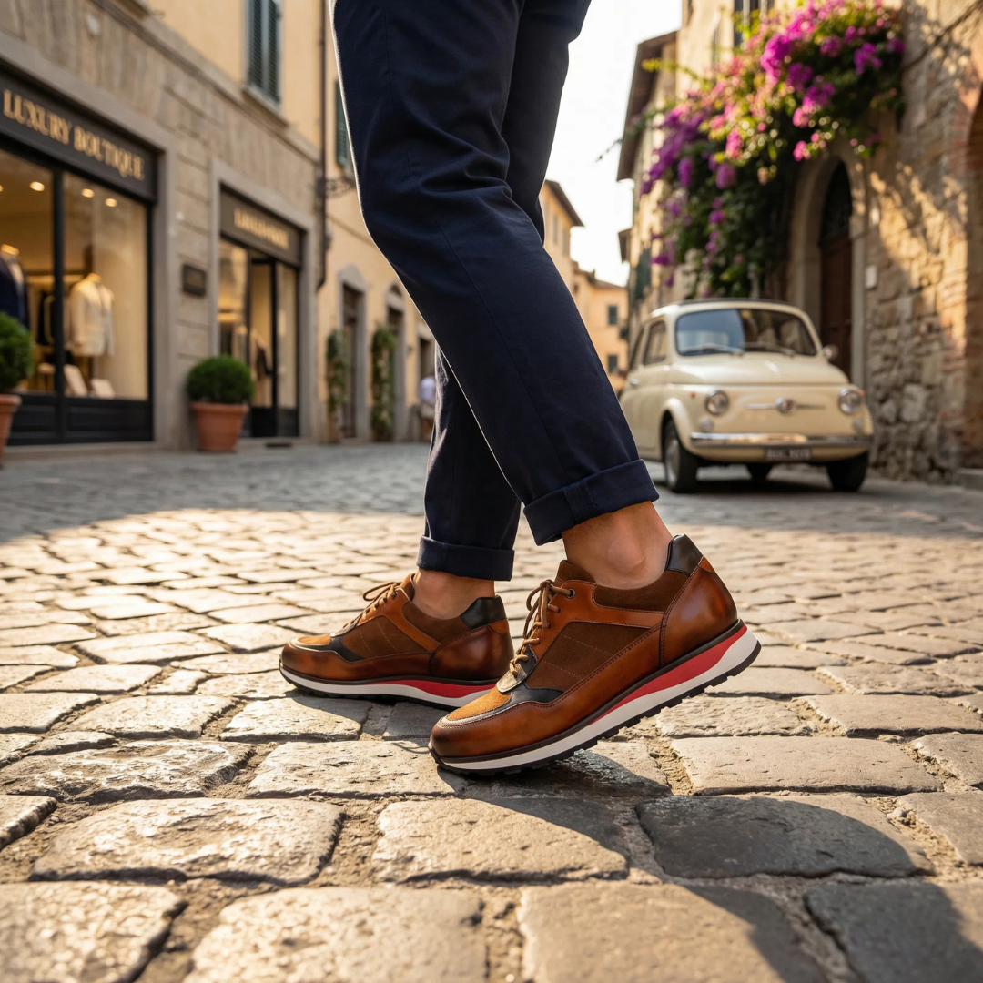 Sneaker da uomo in pelle – Punta tonda, collo imbottito, suola testurizzata