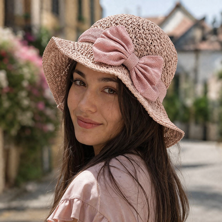 Sombrero de paja para mujer de ala ancha – Lazo extragrande de estilo vintage
