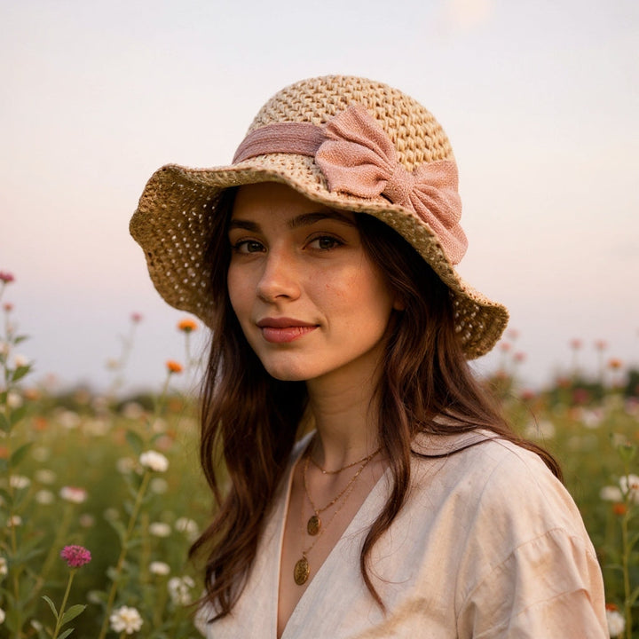 Sombrero de paja para mujer de ala ancha – Lazo extragrande de estilo vintage