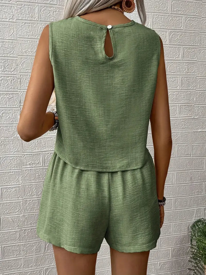 Damen Set Shorts Ärmellos – Gewebter Stoff mit Knöpfen