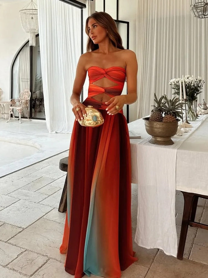Damen Maxikleid Trägerlos – Durchbrochene Details und Ausgestellter Schnitt