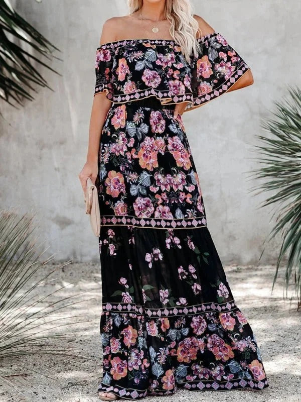 Damen Maxikleid mit Blumenmuster Schulterfrei – Fließende Volant-Silhouette