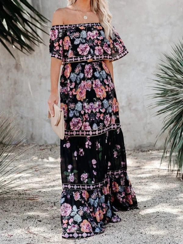 Damen Maxikleid mit Blumenmuster Schulterfrei – Fließende Volant-Silhouette
