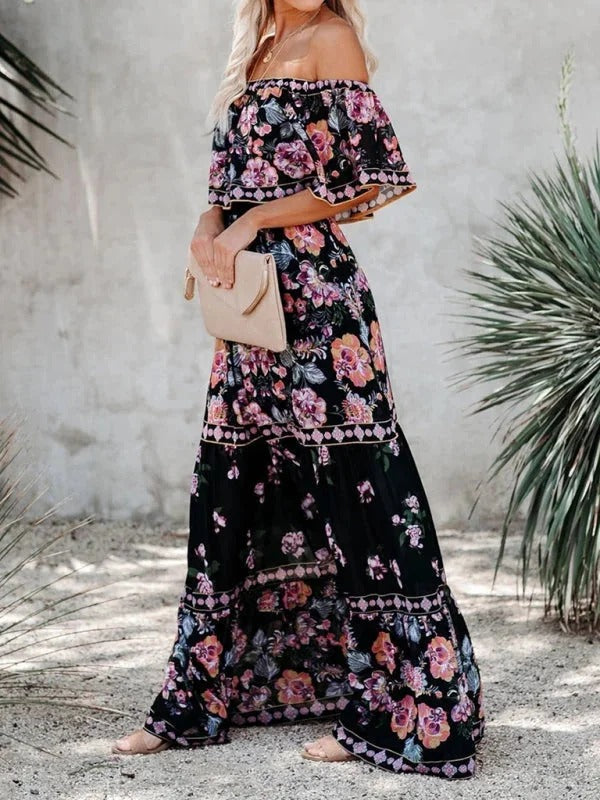 Damen Maxikleid mit Blumenmuster Schulterfrei – Fließende Volant-Silhouette