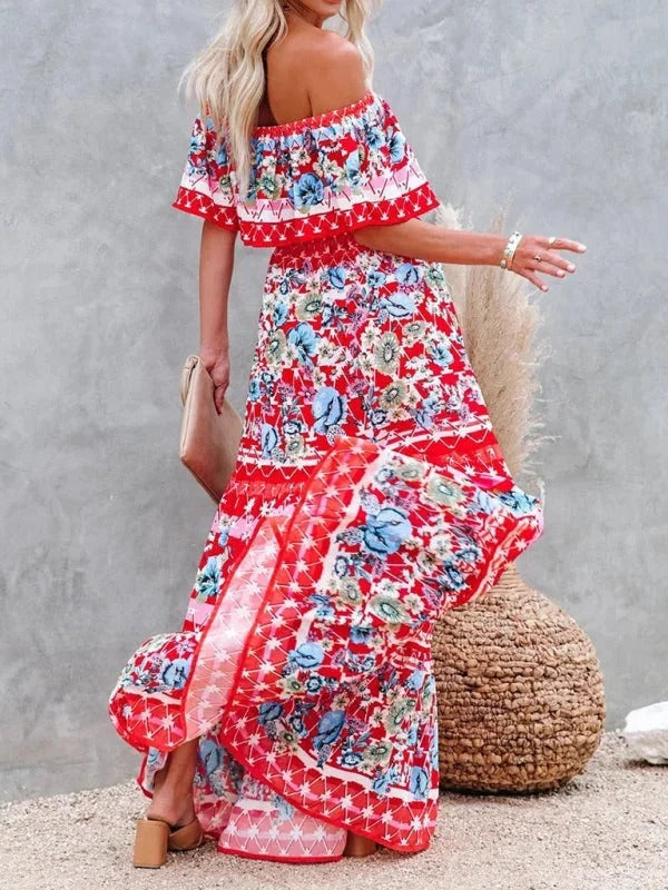 Damen Maxikleid mit Blumenmuster Schulterfrei – Fließende Volant-Silhouette