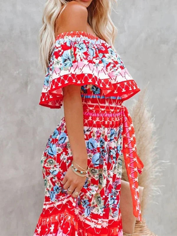 Damen Maxikleid mit Blumenmuster Schulterfrei – Fließende Volant-Silhouette