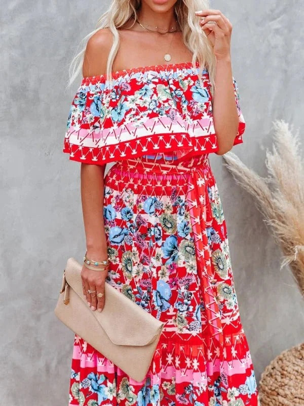 Damen Maxikleid mit Blumenmuster Schulterfrei – Fließende Volant-Silhouette