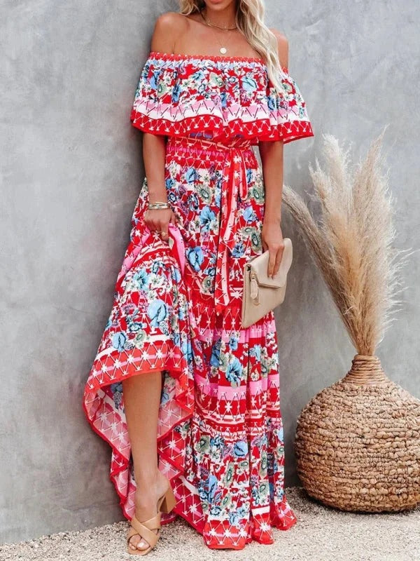 Damen Maxikleid mit Blumenmuster Schulterfrei – Fließende Volant-Silhouette
