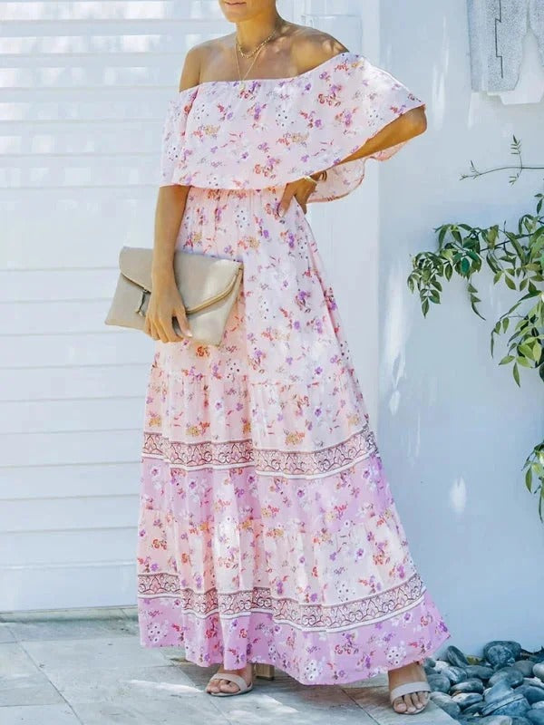 Damen Maxikleid mit Blumenmuster Schulterfrei – Fließende Volant-Silhouette