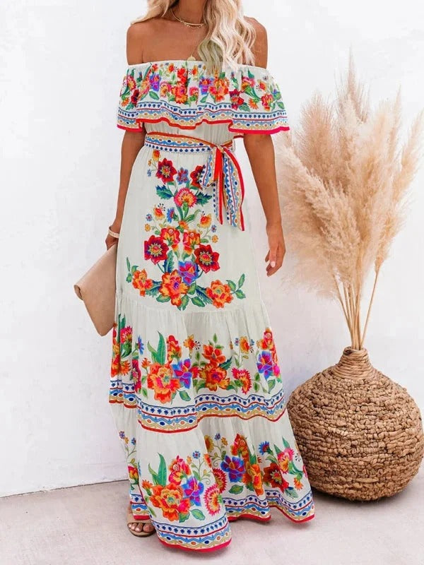 Damen Maxikleid mit Blumenmuster Schulterfrei – Fließende Volant-Silhouette