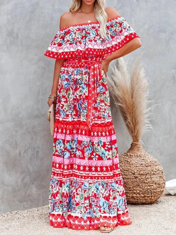 Damen Maxikleid mit Blumenmuster Schulterfrei – Fließende Volant-Silhouette