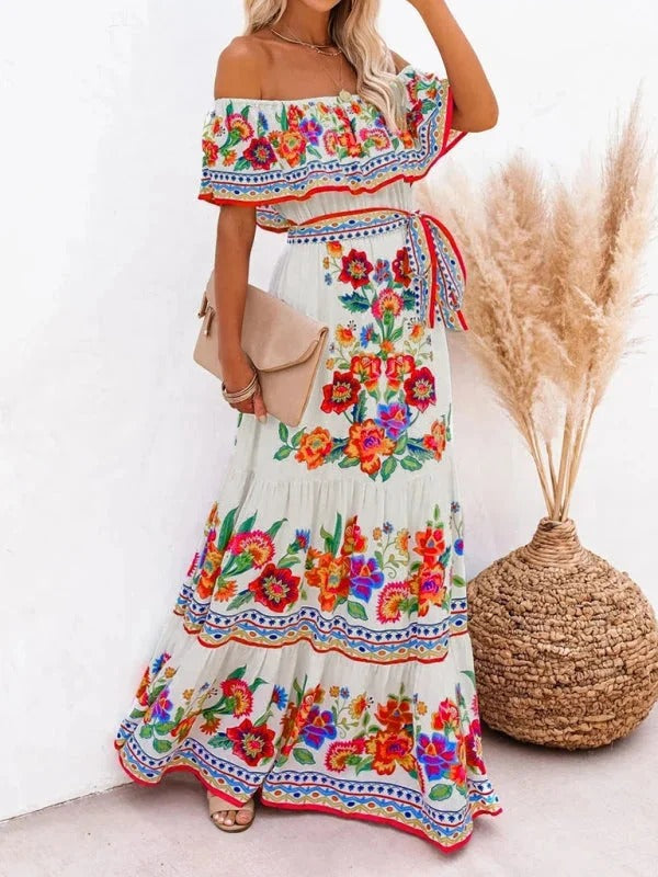 Damen Maxikleid mit Blumenmuster Schulterfrei – Fließende Volant-Silhouette