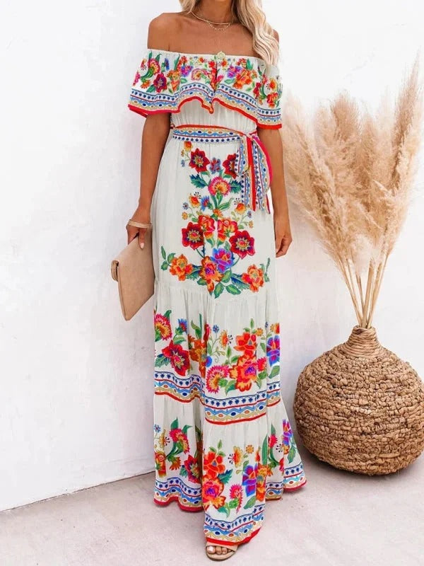 Damen Maxikleid mit Blumenmuster Schulterfrei – Fließende Volant-Silhouette