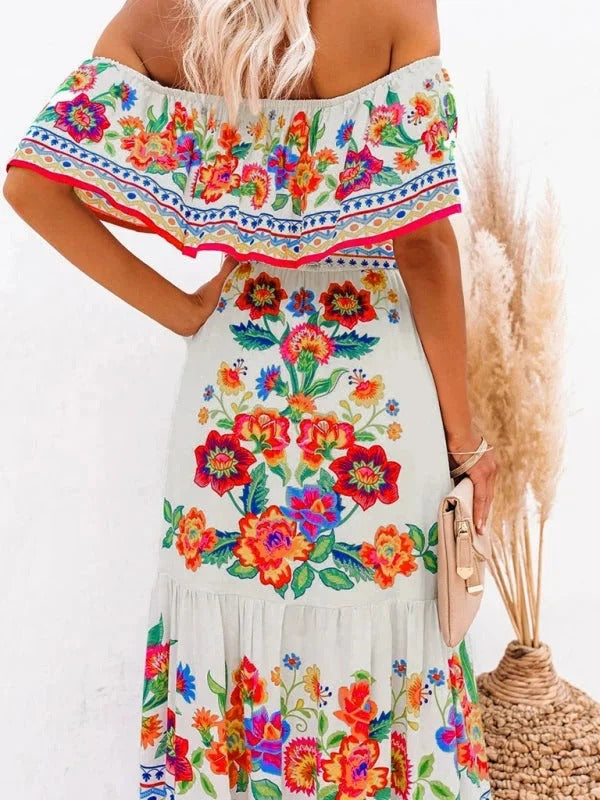 Damen Maxikleid mit Blumenmuster Schulterfrei – Fließende Volant-Silhouette