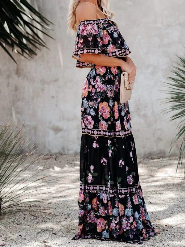Damen Maxikleid mit Blumenmuster Schulterfrei – Fließende Volant-Silhouette