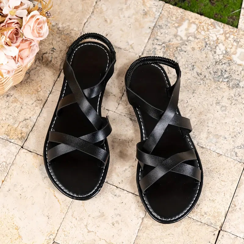 Sandales Plates Femme – Croisées Style Romain à Fermeture Élastique