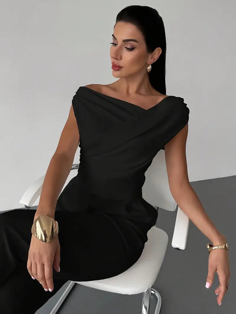 Damen Oberteil Asymmetrischer Ausschnitt mit Überkreuzdetail – Mikrodehnbares Strickmaterial