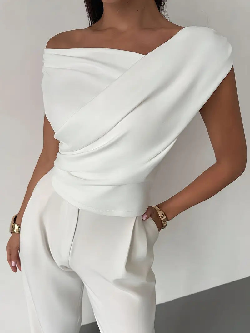 Damen Oberteil Asymmetrischer Ausschnitt mit Überkreuzdetail – Mikrodehnbares Strickmaterial