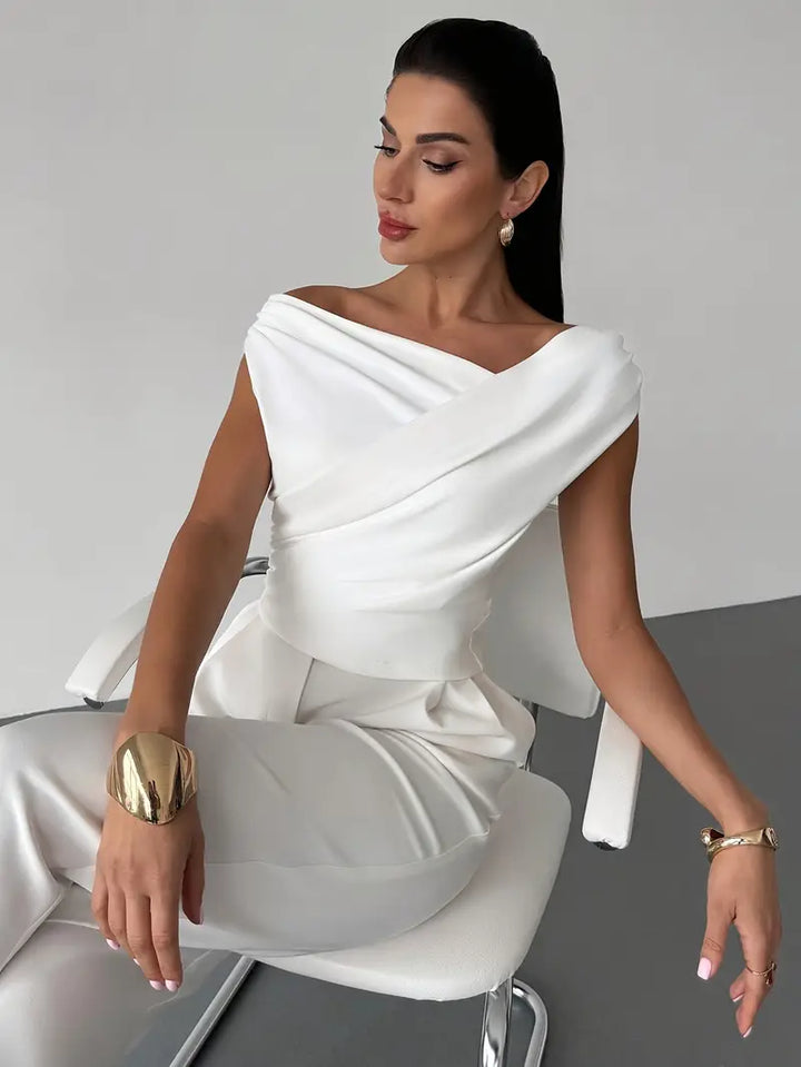 Damen Oberteil Asymmetrischer Ausschnitt mit Überkreuzdetail – Mikrodehnbares Strickmaterial
