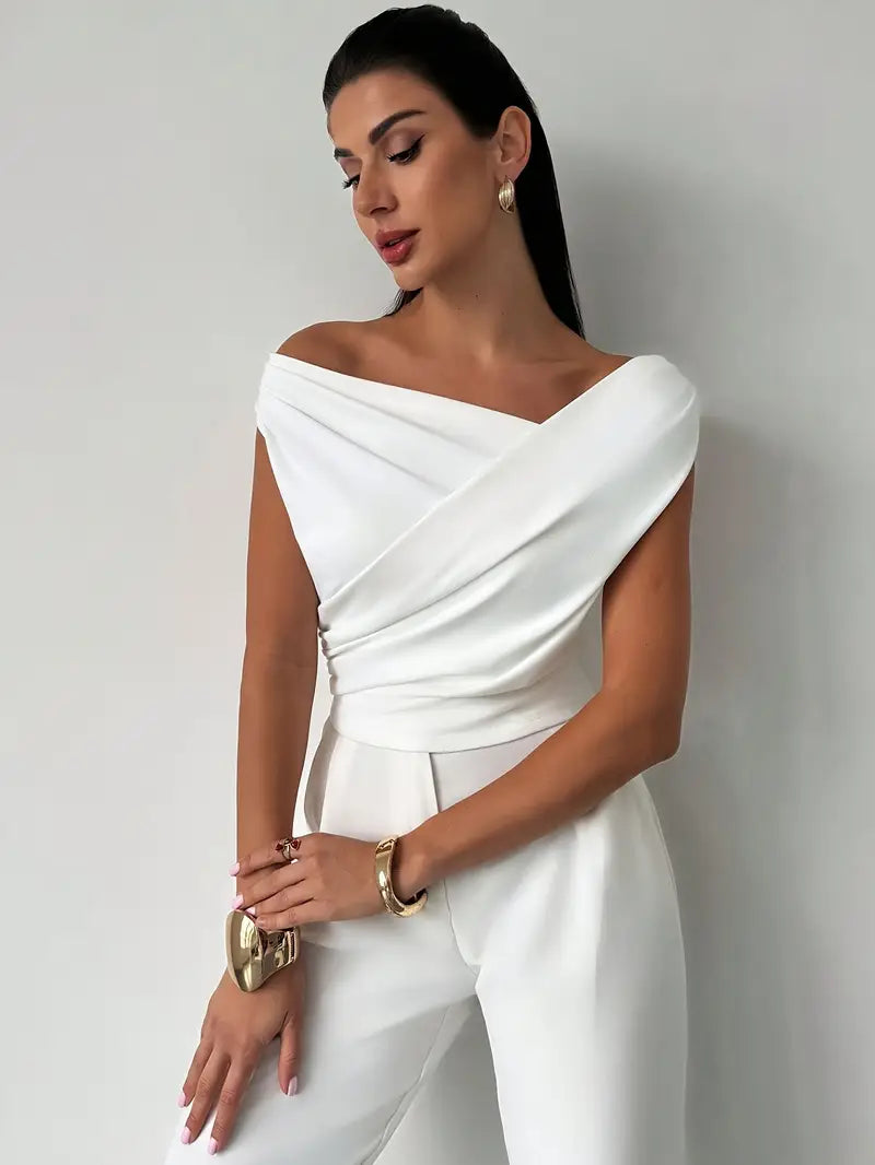 Damen Oberteil Asymmetrischer Ausschnitt mit Überkreuzdetail – Mikrodehnbares Strickmaterial