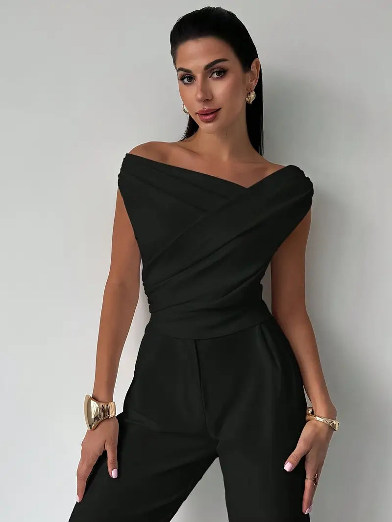 Damen Oberteil Asymmetrischer Ausschnitt mit Überkreuzdetail – Mikrodehnbares Strickmaterial