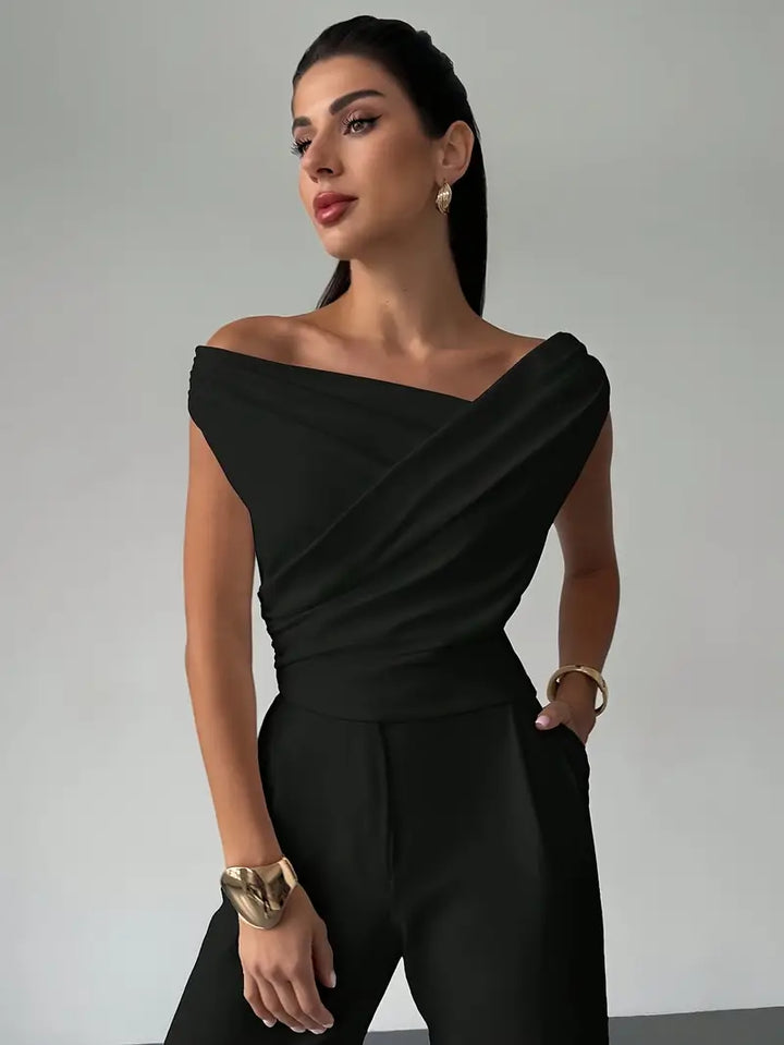 Damen Oberteil Asymmetrischer Ausschnitt mit Überkreuzdetail – Mikrodehnbares Strickmaterial