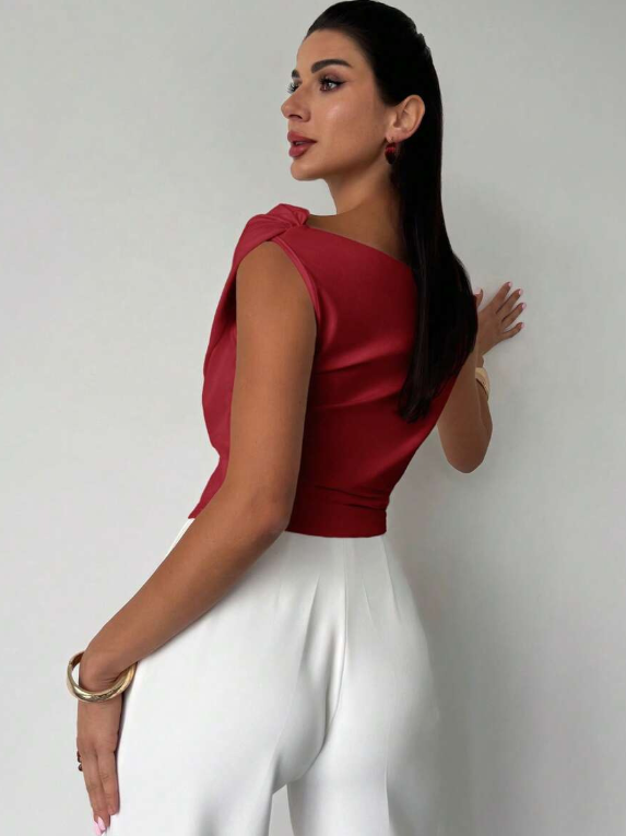 Damen Oberteil Asymmetrischer Ausschnitt mit Überkreuzdetail – Mikrodehnbares Strickmaterial