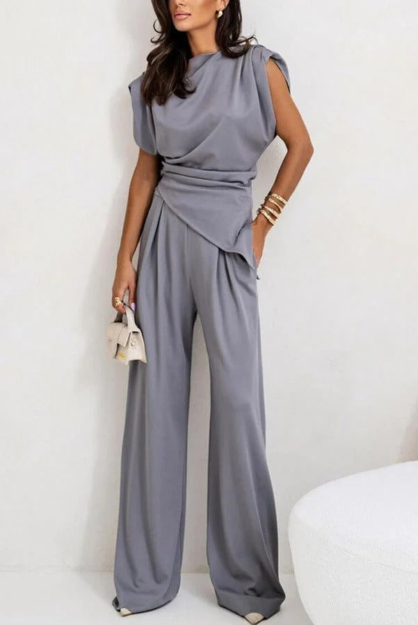 Completo Due Pezzi Donna Drappeggiato – Pantaloni Larghi & Top Asimmetrico