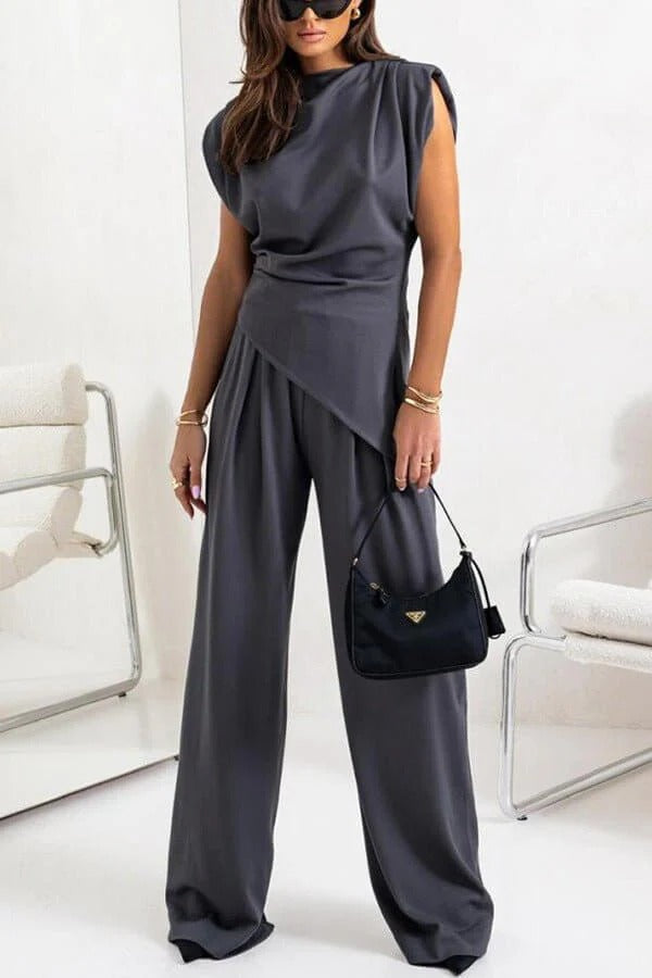 Completo Due Pezzi Donna Drappeggiato – Pantaloni Larghi & Top Asimmetrico