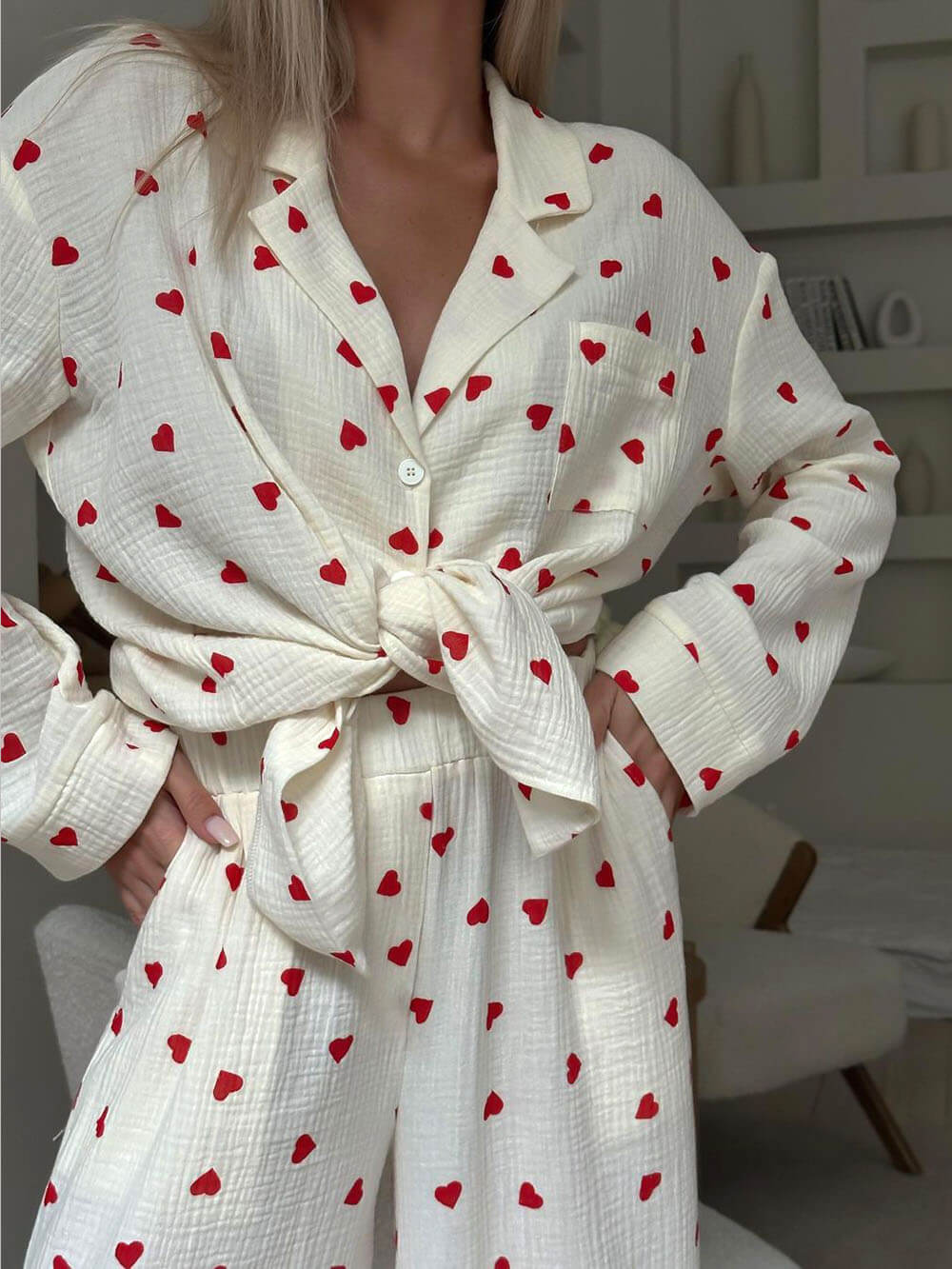 Damen Pyjama mit Herzmuster – Weicher Lässiger Schnitt