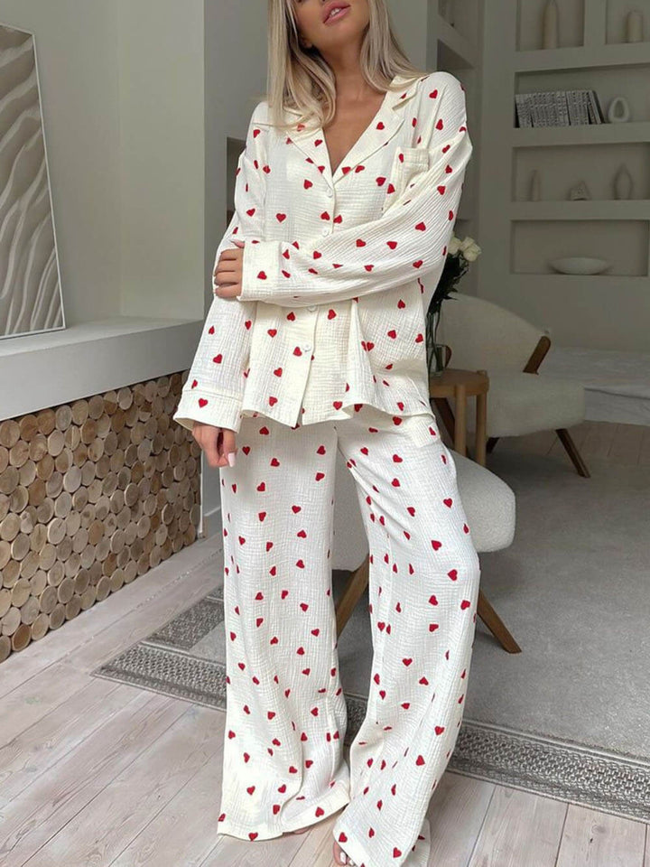Damen Pyjama mit Herzmuster – Weicher Lässiger Schnitt