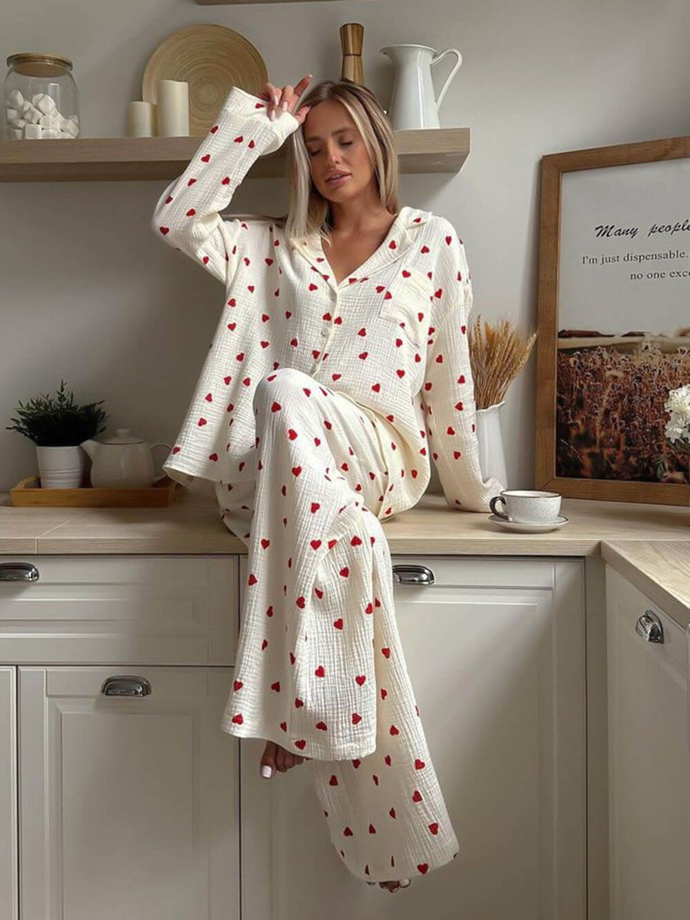 Damen Pyjama mit Herzmuster – Weicher Lässiger Schnitt