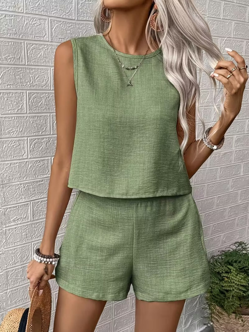 Damen Set Shorts Ärmellos – Gewebter Stoff mit Knöpfen