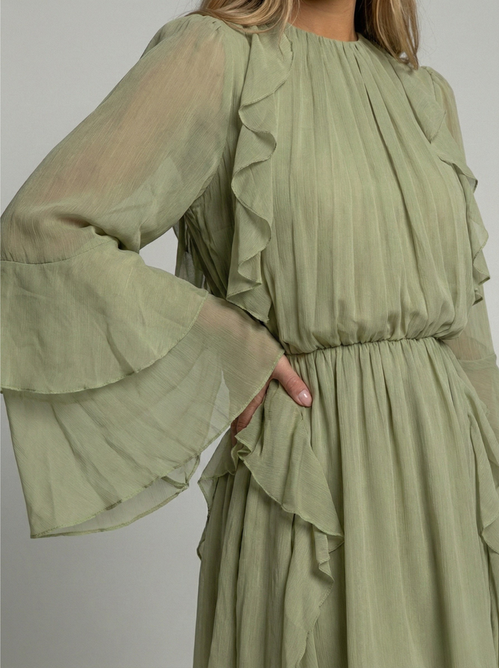 Damen Minikleid aus plissiertem Chiffon – Rüschenärmel & Taillierter Schnitt