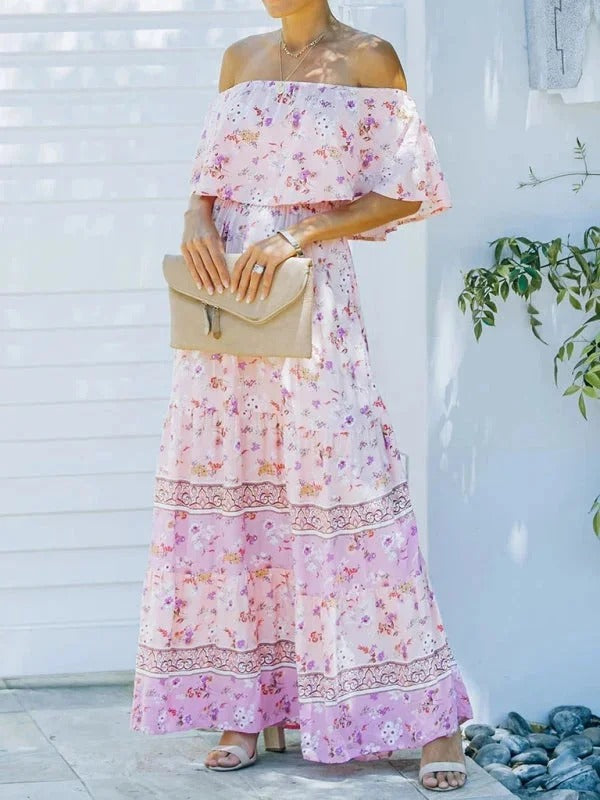 Damen Maxikleid mit Blumenmuster Schulterfrei – Fließende Volant-Silhouette