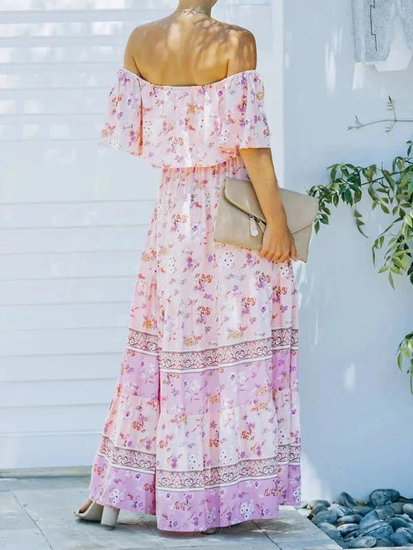 Damen Maxikleid mit Blumenmuster Schulterfrei – Fließende Volant-Silhouette
