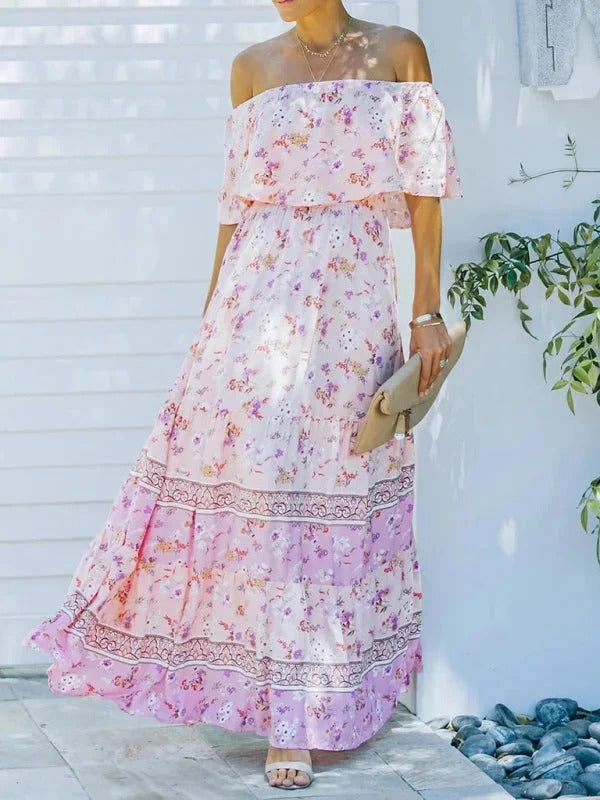 Damen Maxikleid mit Blumenmuster Schulterfrei – Fließende Volant-Silhouette