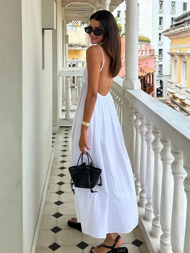 Midi-Kleid für Damen aus leichtem Stoff – V-Ausschnitt, rückenfrei, ärmellos