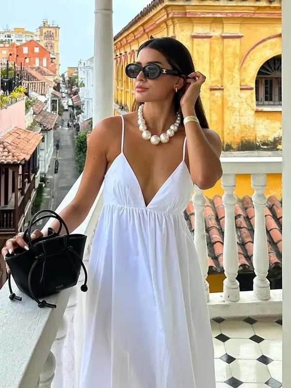 Midi-Kleid für Damen aus leichtem Stoff – V-Ausschnitt, rückenfrei, ärmellos