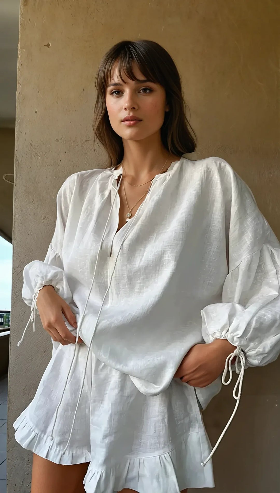 Damen-Entspannungsset aus Baumwolle – Bluse mit gebundenen Ärmeln & Volant-Shorts